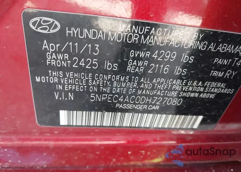 2013 Hyundai Sonata Se from USA, damaged, VIN 5NPEC4AC0DH727080